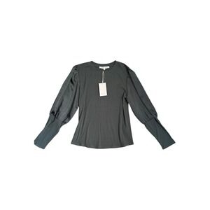 Melissa Nepton Satin Sleeve Ribbed Long Sleeve Crew Neck Top Green Womens XS NEW